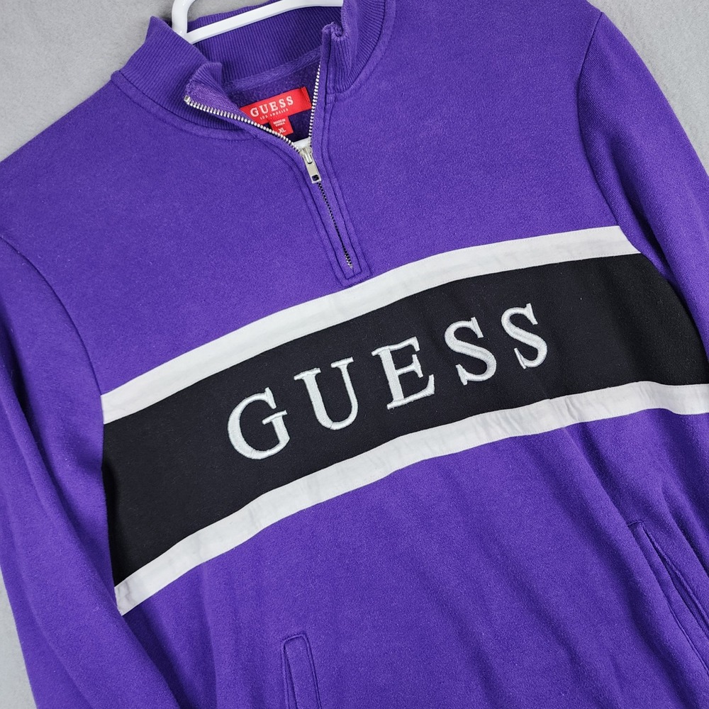 Guess Quarter Zip Pullover Mens XL Purple Logo Stripe Streetwear Vintage Style